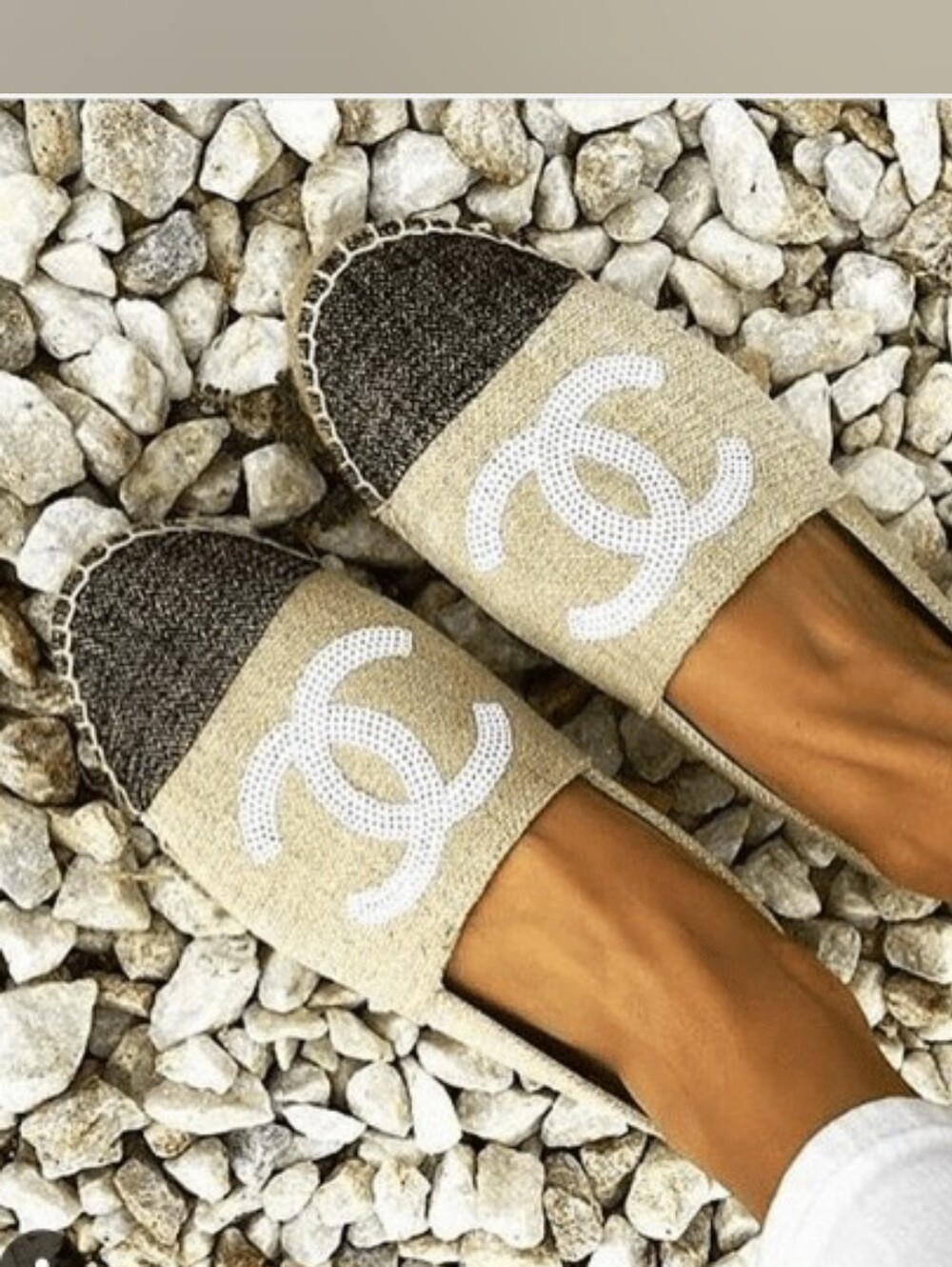 Chanel Authentic canvas espadrilles white sequin CC logo Shoes